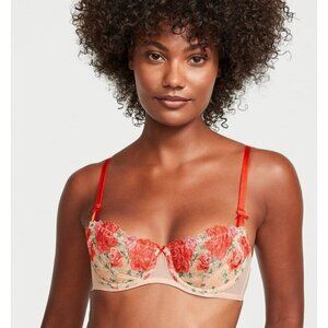 Victoria's Secret Tomato Red Embroidered Lace Bra 38DDD F85 Floral Underwire